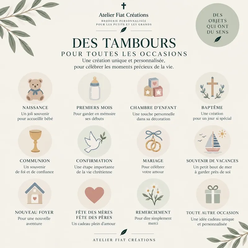 Douze occasions pour un tambour brodé : naissance, premiers mois, chambre d'enfant, baptême, communion, confirmation, mariage, souvenir de vacances, nouveau foyer, fête des mères et des pères, remerciement, et toute autre occasion